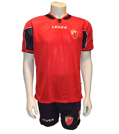 Red-navy kit jersey and shorts Legea