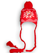 Red and white winter cap with tassels